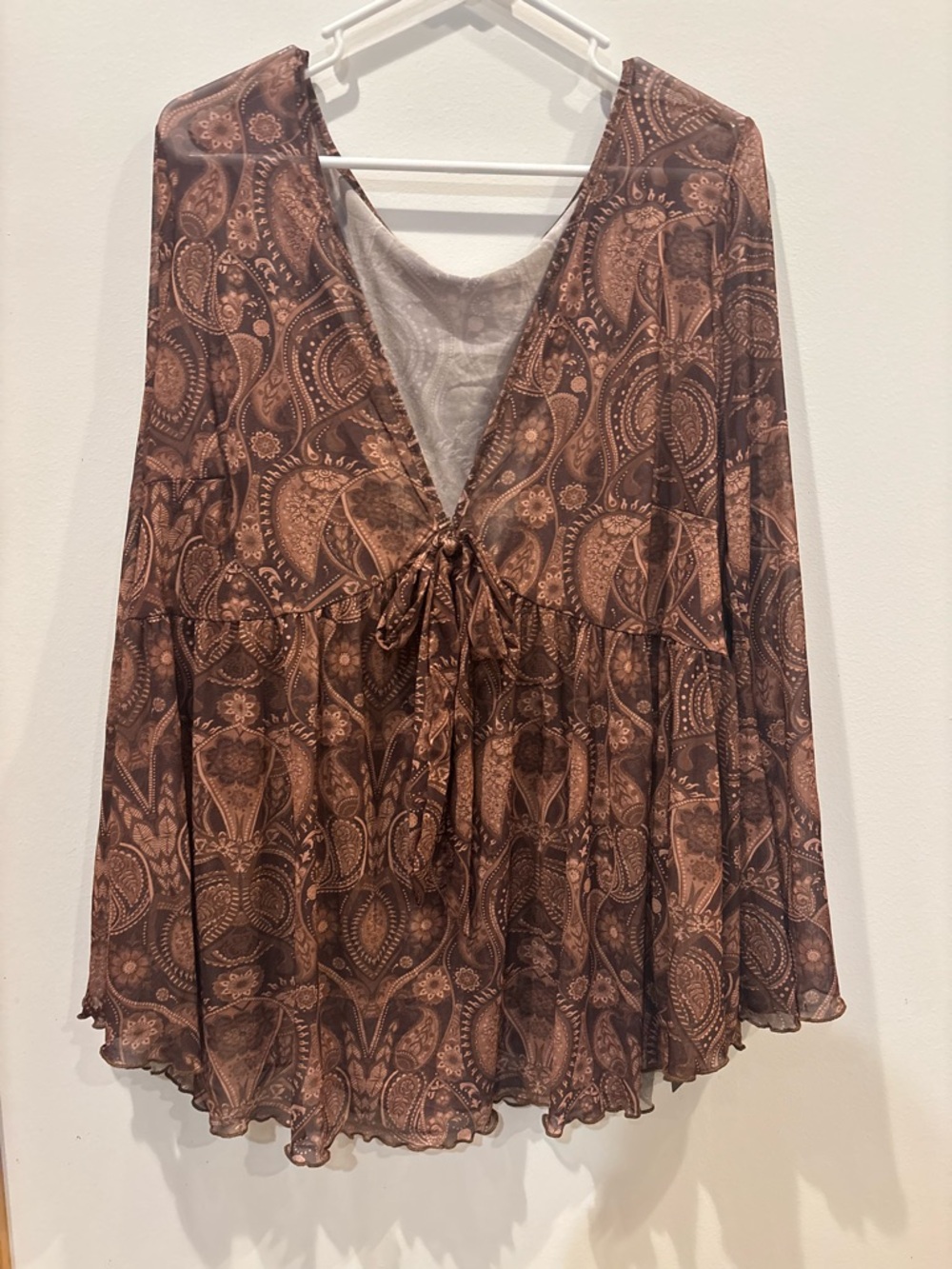 4XL SHEIN Brown Paisley Sheer Boho Blouse